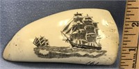 Whale's tooth, 5.25" long 2 sailing ships signed K