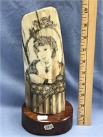 10.5" Tall with wood base, scrimshawed mammoth ivo