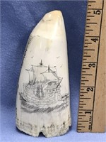 Whale's tooth 5.25" long scrimshawed with a sailin