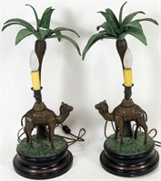 PAIR OF ARABESQUE CAMEL & PALM FIGURAL LAMPS