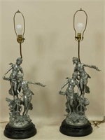 PAIR OF ANTIQUE ART NOUVEAU PEWTER FIGURAL LAMPS