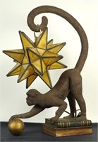 CAST MONKEY LAMP WITH LEADED GLASS STAR FIXTURE