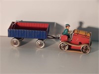 Tin Wind-Up Penny Toy - 6" long dozer & cart