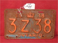 Ontario License Plate 1938