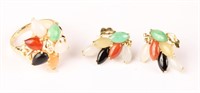 14KT YELLOW GOLD MULTICOLOR JADE RING & EARRINGS