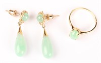 14KT YELLOW GOLD GREEN JADE RING & EARRINGS