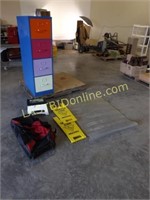 METAL FILE CABINET, STEP STOOL, LUGGAGE, MAT, MORE