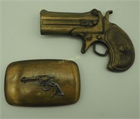 2 Pistol & Derringer Brass Belt Buckles Lot