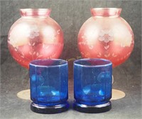 2 Cranberry Red Etched Bubble Stemware Glasses