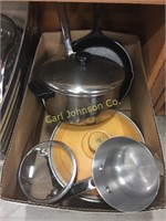 BOX OF CAST IRON, UTENSILS ETC.