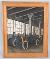 EARLY OIL on BOARD AUTO ASSEMBLY LINE PAINTING
