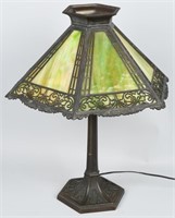 GREEN SLAG GLASS 6 PANEL LAMP, VINTAGE