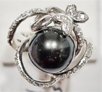 Sterling Silver Tahitian Black Pearl & CZ Ring