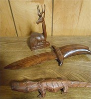 Vtg Wood Dolphin Head  Knife, Gator & Deer