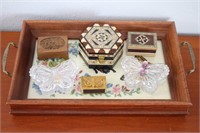Small Wood Tray w/ Cross Stitch, Trinket Boxes