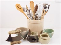 Stoneware Crock with Cooking Utensils...