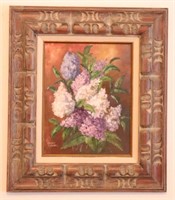 Framed Lilac Oil Painting, (3) Crochet Wall Art