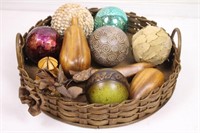 Round Wicker Tray of Wood Fruit, Shell Ball, &