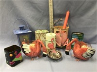 Lot of flamingo candlesticks, cans, lantern, etc.