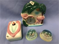 Flamingo clock, a covered box, 2 snow globes with