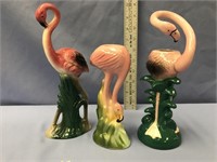 Flamingo pottery, 2 candlesticks, 1 flamingo with