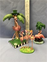 Flamingo candlestick and 2 flamingo decorations
