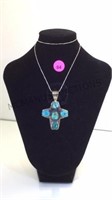 STERLING SILVER BOX CHAIN W/ CROSS PENDENT W/ TURQ