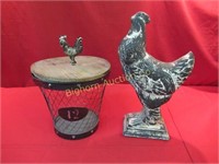 Chicken Egg Basket w/ Wooden Lid, Rooster Statue