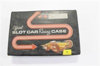 SLOT CAR RACING CASE W/3 CARS, PARTS, ETC.