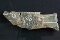 Chinese Green Jade Carved Archaistic Fish Pendant