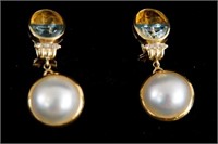 Pair 18kt gold pearl, aquamarine & topaz earrings