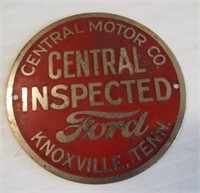 Metal "Ford Central Inspection" sign. Measures