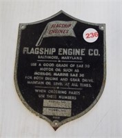 Metal "Flagship Engine Co." sign. Measures 6" x