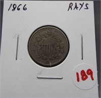 1866 "Rays" Shield nickel.