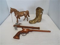 Lexim brass boot, metal horse, wood replica gun