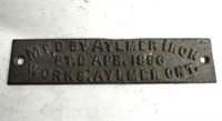 Alymer, ON - Ironworks Cast Name Plate, 7.5" L