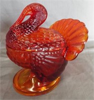 Two piece glass turkey covered dish. Measures 7"
