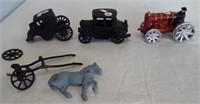 (3) Cast iron toys including tractor and farmer,