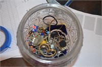 Glass Lidded Jar w/ Assortment of Costume Jewelry