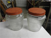 Pair of Antique Storage Glass Jars, Tin Lids, 7" T