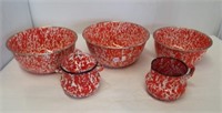 (5) Red splatter enamel granite ware items