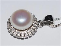 Sterling Silver Necklace w/ Genuine Pearl & White