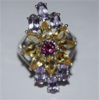 Size 6 Sterling Silver Ring w/ Garnet, Amethyst,