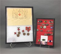 26 medals/pins/buttons in 2 cases. Asian.