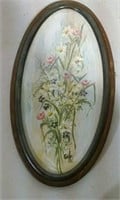 Oval beveled glass floral print picture