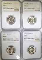 (4)1942-P SILVER JEFFERSON NICKELS, NGC-MS66
