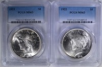 1922 & 1923 PEACE SILVER DOLLARS, PCGS, MS63