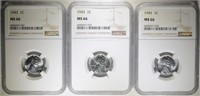 3-1943 LINCOLN STEEL CENTS, NGC MS66