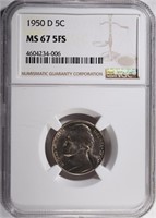 1950-D JEFFERSON NICKEL, NGC MS-67 FULL STEPS RARE