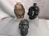 Glass Owl Coin Bank & Skull Bottle & Scent Heater